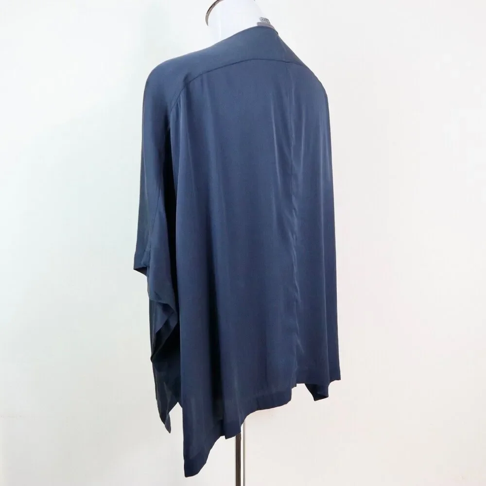 Vince Size S Stretch Silk Satin Boxy Blouse Gold Zipper Neck Navy Blue